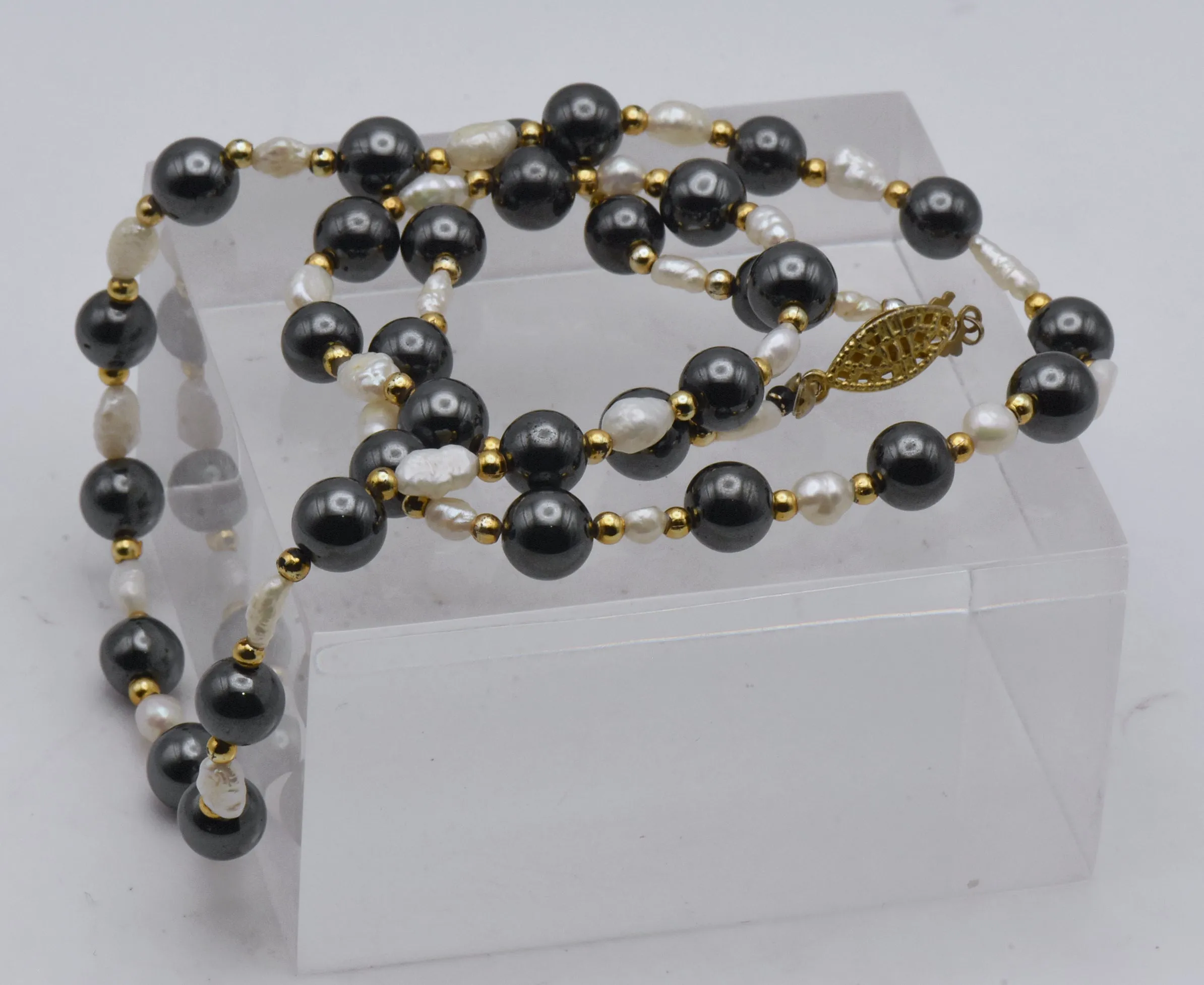 Hematite and Freshwater Pearls Necklace - 24"