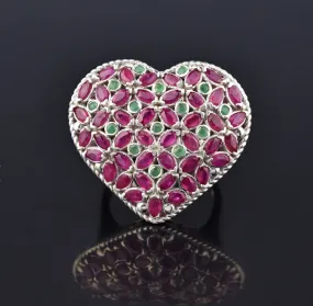 Impressive Silver Marquise Ruby Emerald Heart Ring