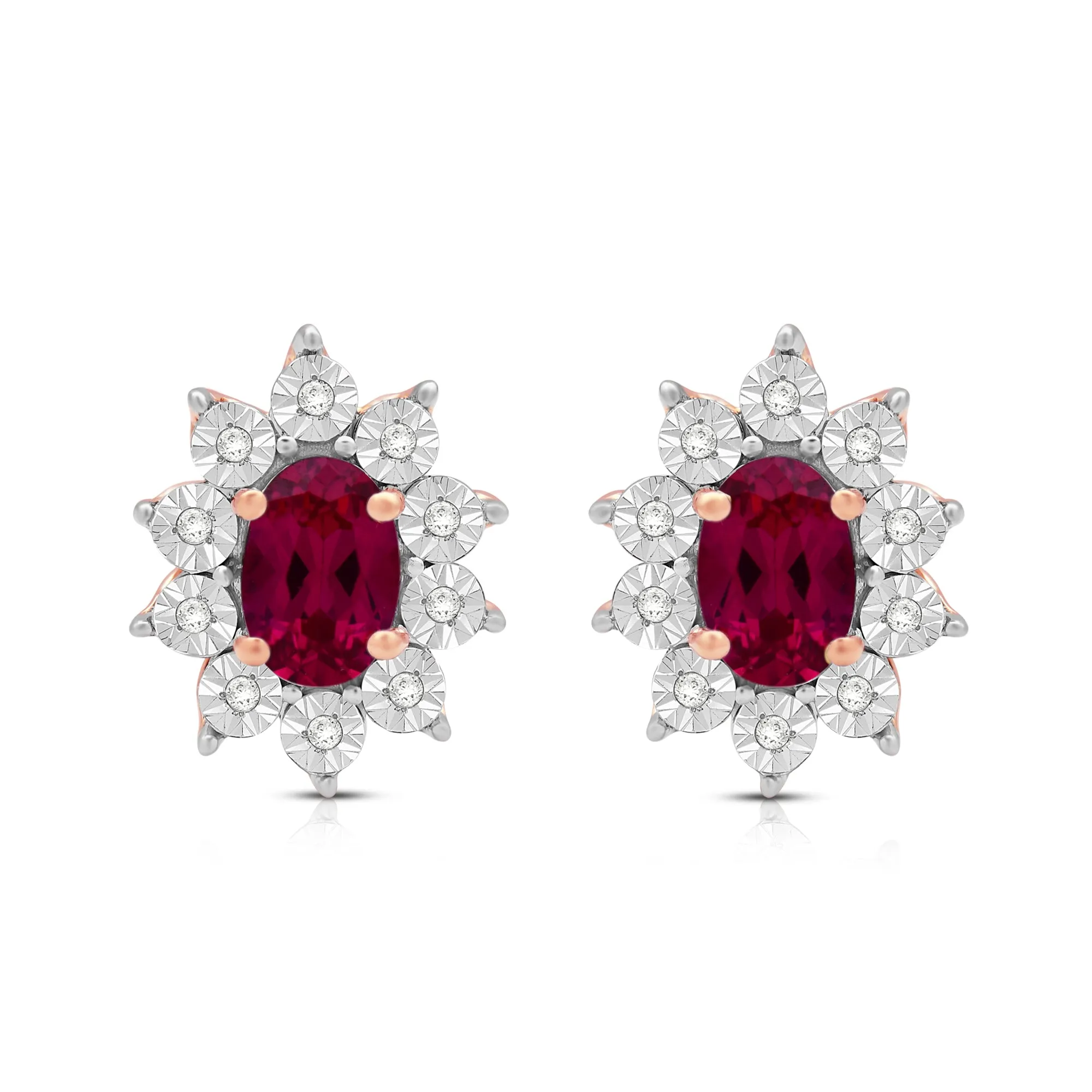 Jewelili 14K Rose Gold Over Sterling Sliver 6x4 MM Oval Created Ruby and 1/20 Cttw Natural White Round Diamond Cluster Stud Earrings