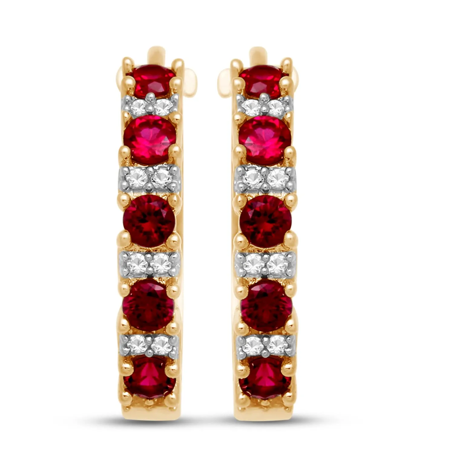 Jewelili 18K Yellow Gold Over Sterling Silver with Created Ruby and Created White Sapphire Hoop Earrings