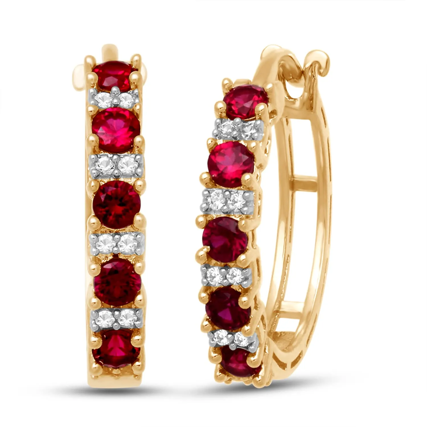 Jewelili 18K Yellow Gold Over Sterling Silver with Created Ruby and Created White Sapphire Hoop Earrings