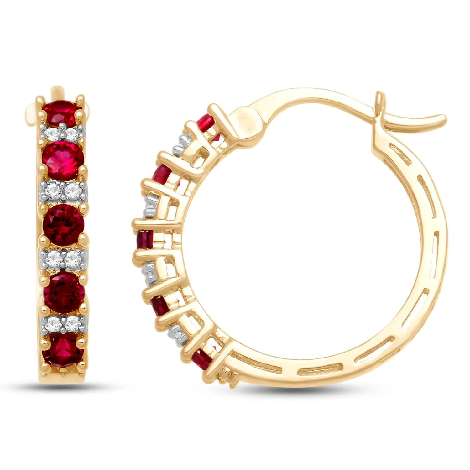 Jewelili 18K Yellow Gold Over Sterling Silver with Created Ruby and Created White Sapphire Hoop Earrings