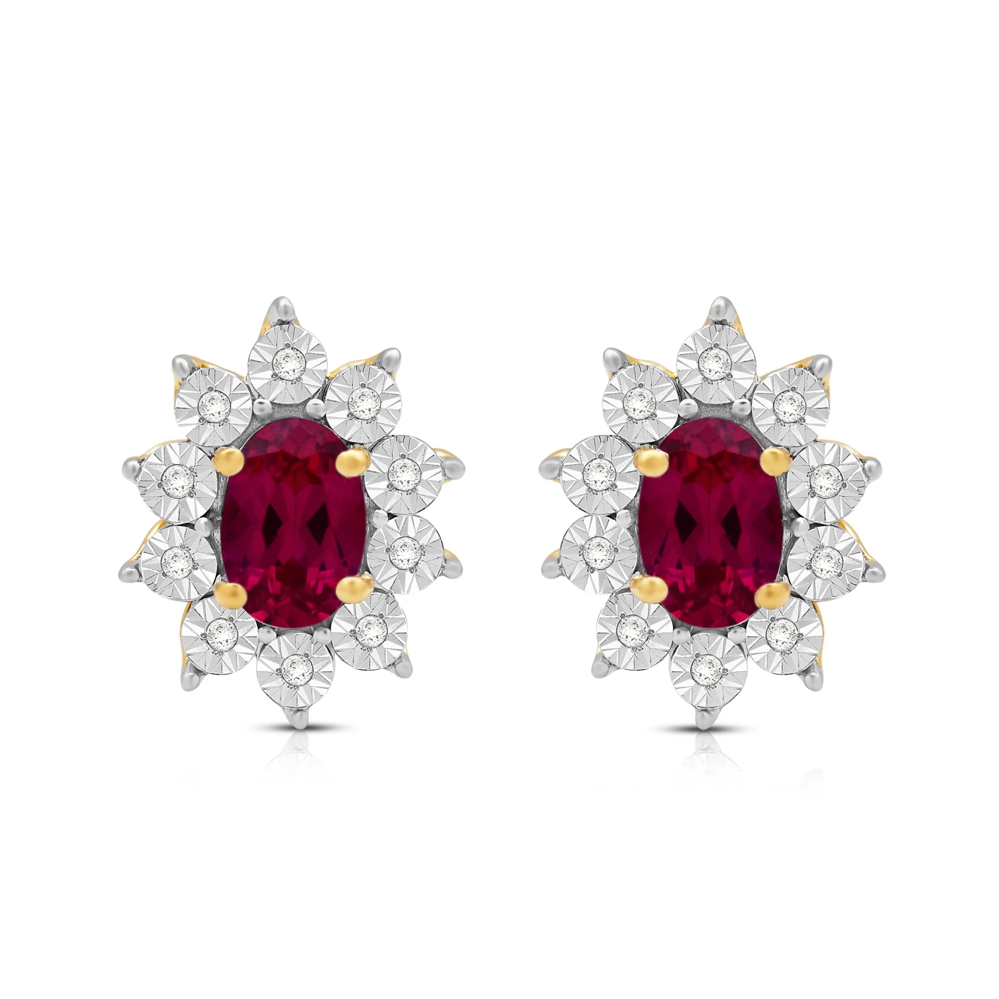 Jewelili 18K Yellow Gold over Sterling Sliver 6x4 MM Oval Created Ruby and 1/20 Cttw Natural White Round Diamond Cluster Stud Earrings