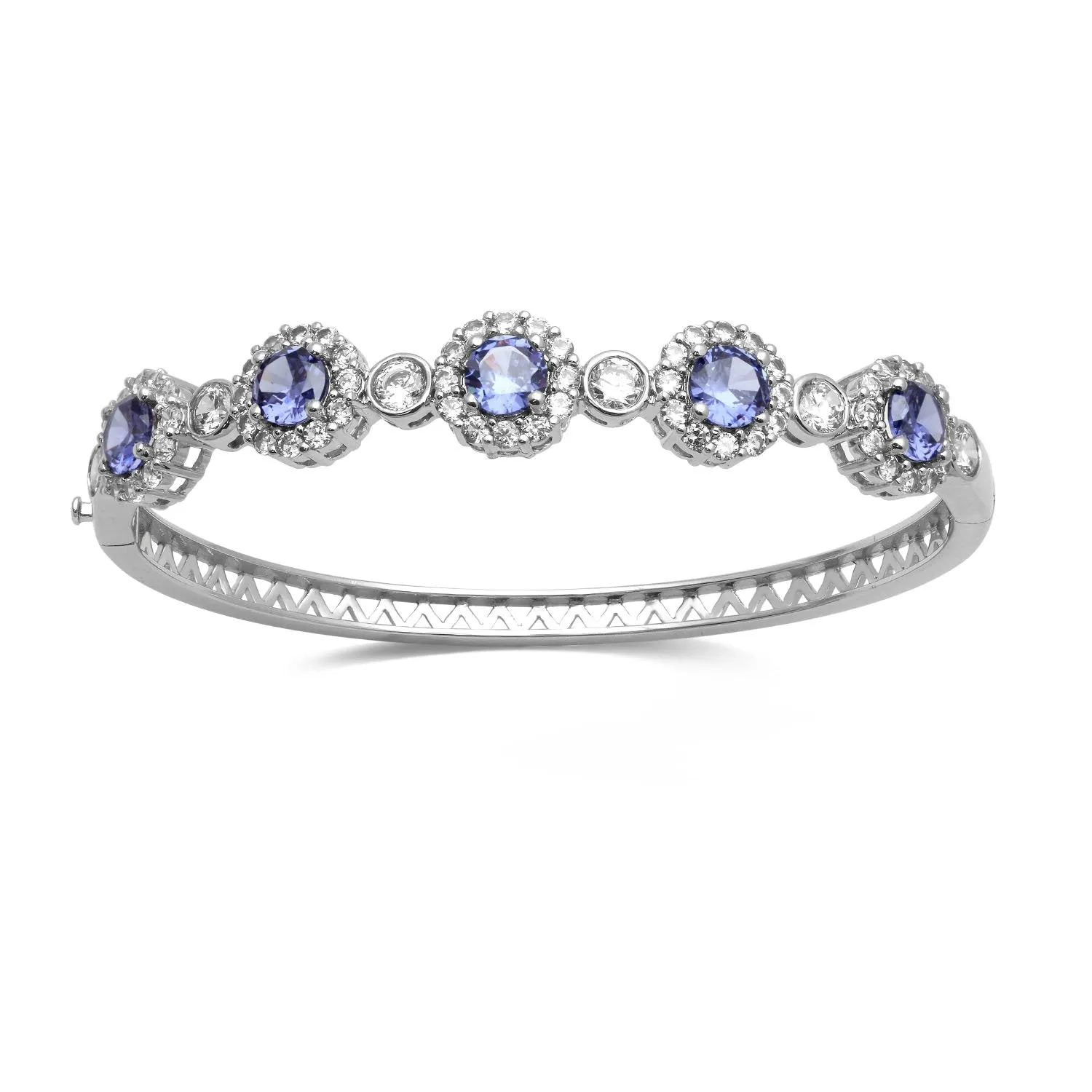 Jewelili Brass Simulated Tanzanite and Cubic Zirconia Cluster Bangle