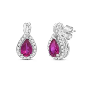 Jewelili Sterling Silver 6x4 MM Pear Shape Created Ruby and Round White Sapphire Earrings