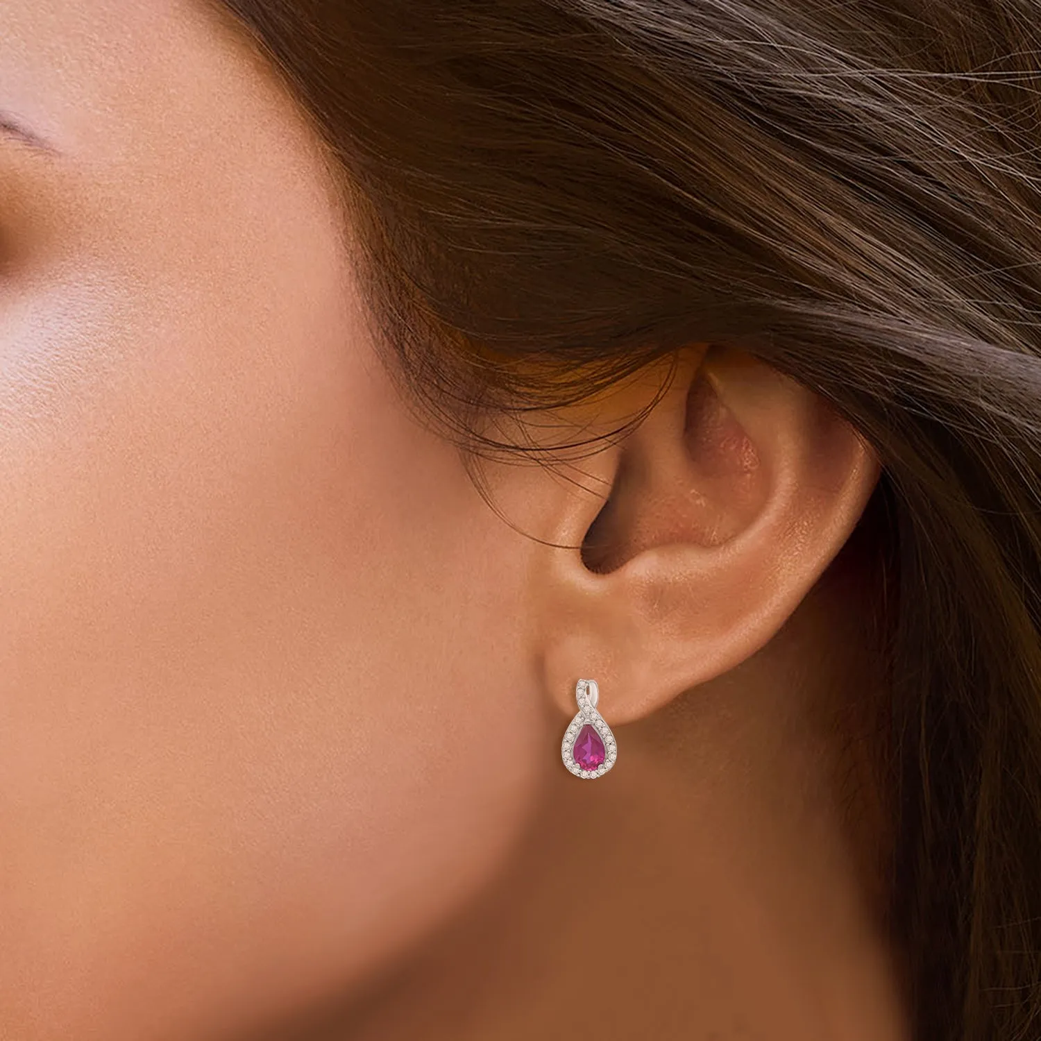 Jewelili Sterling Silver 6x4 MM Pear Shape Created Ruby and Round White Sapphire Earrings