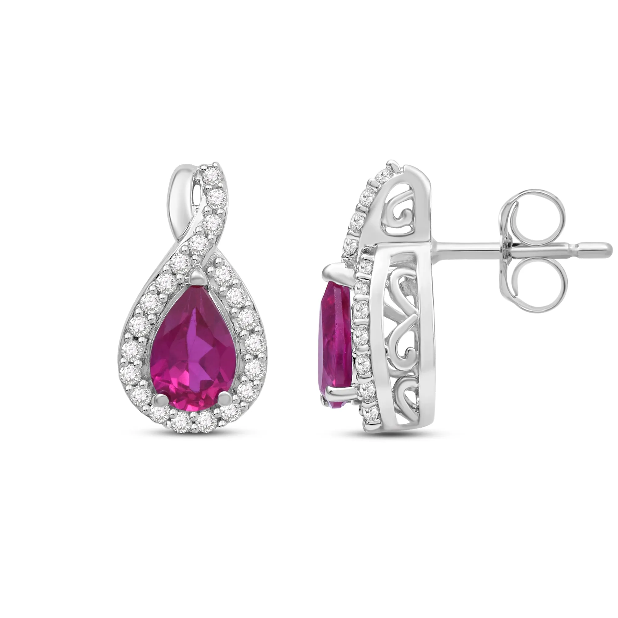 Jewelili Sterling Silver 6x4 MM Pear Shape Created Ruby and Round White Sapphire Earrings