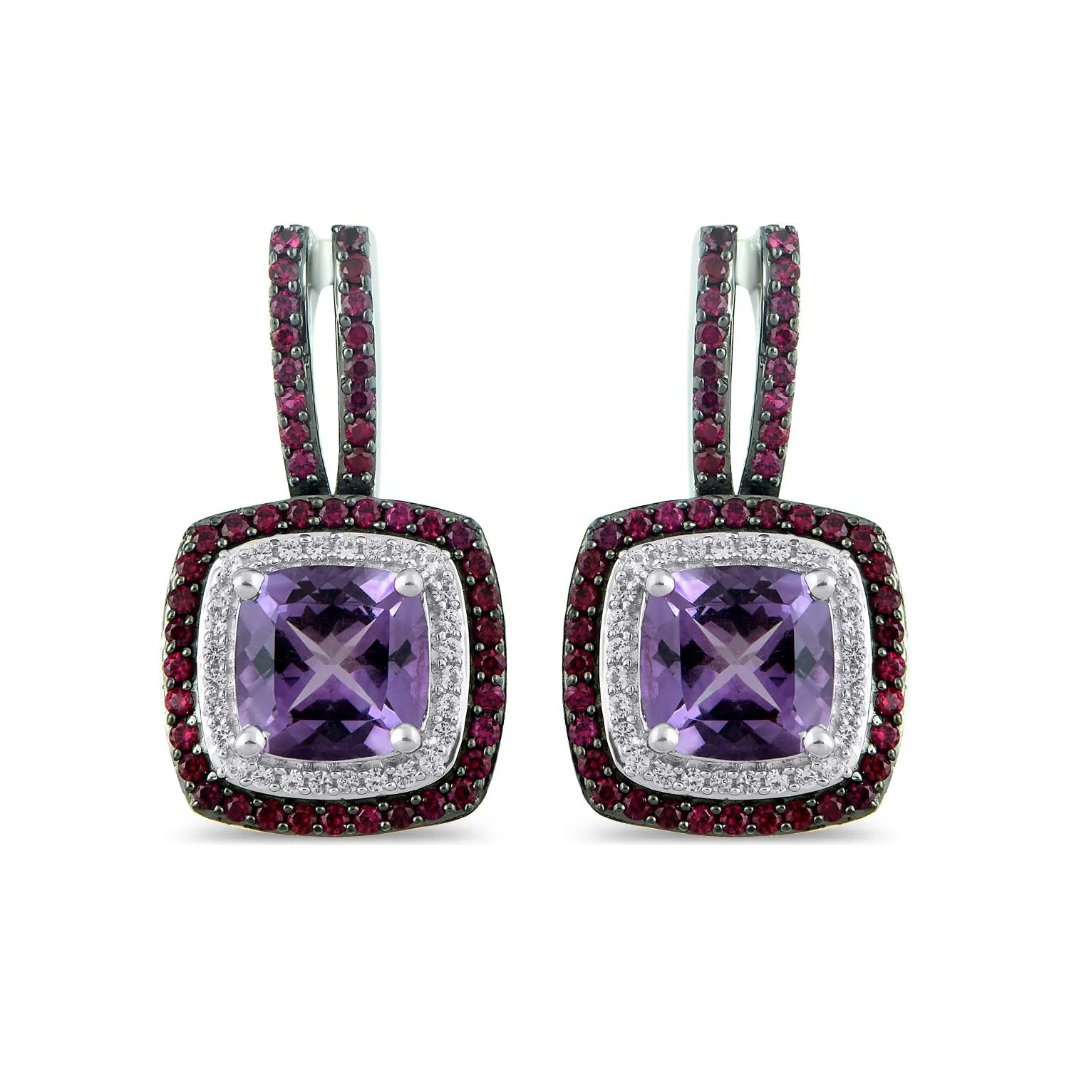 Jewelili Sterling Silver Cushion Cut Amethyst and Round Created Ruby with Round Created White Sapphire Halo Dangle Earrings