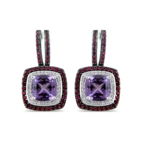 Jewelili Sterling Silver Cushion Cut Amethyst and Round Created Ruby with Round Created White Sapphire Halo Dangle Earrings