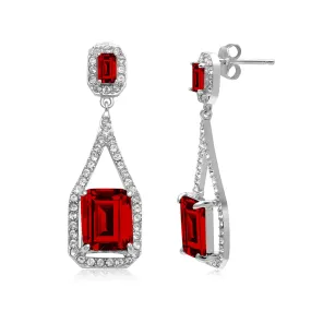 Jewelili Sterling Silver Octagon Simulated Ruby and Round White Clear Crystal Dangle Earrings