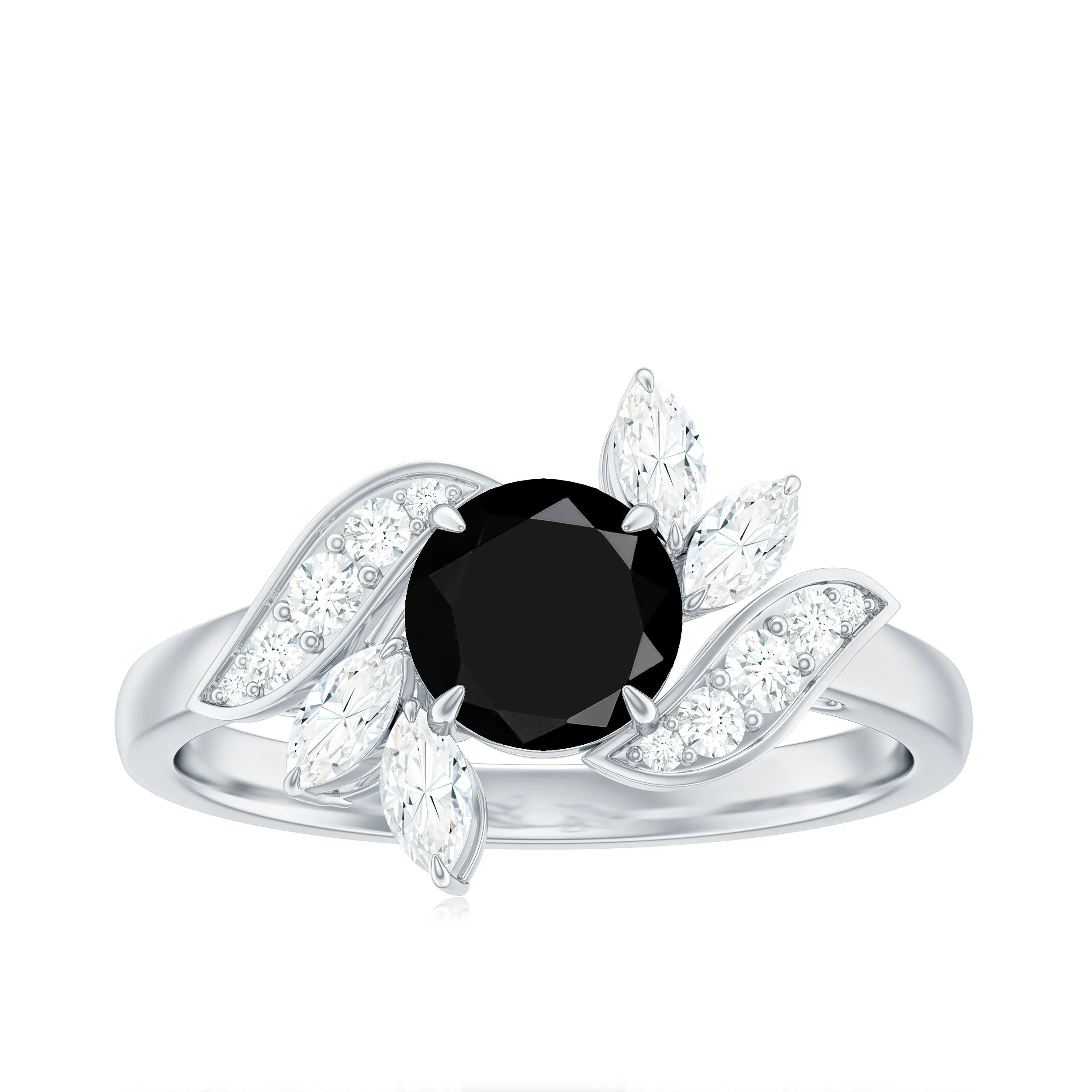 Lab-Created Black Diamond Flower Engagement Ring with Diamond