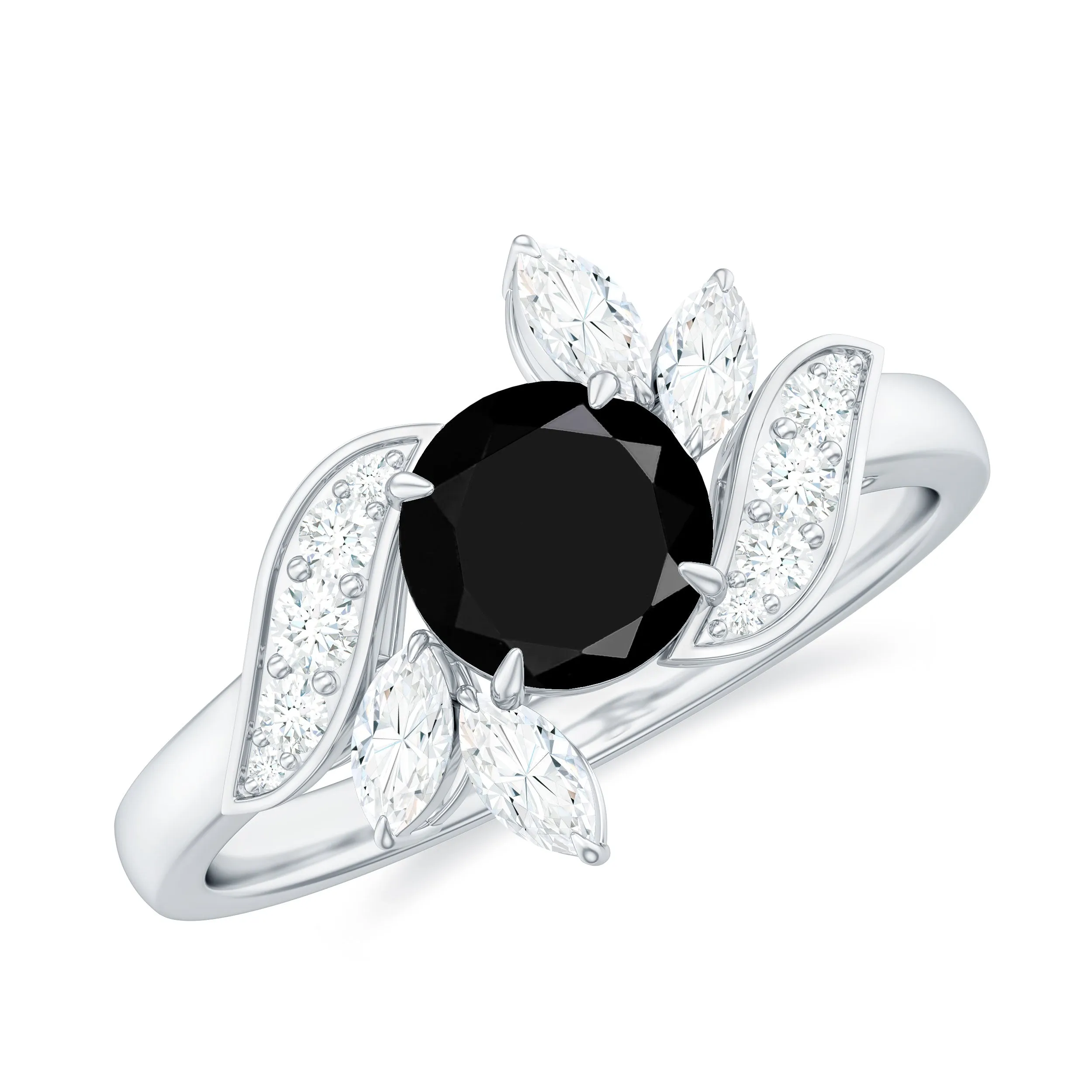 Lab-Created Black Diamond Flower Engagement Ring with Diamond