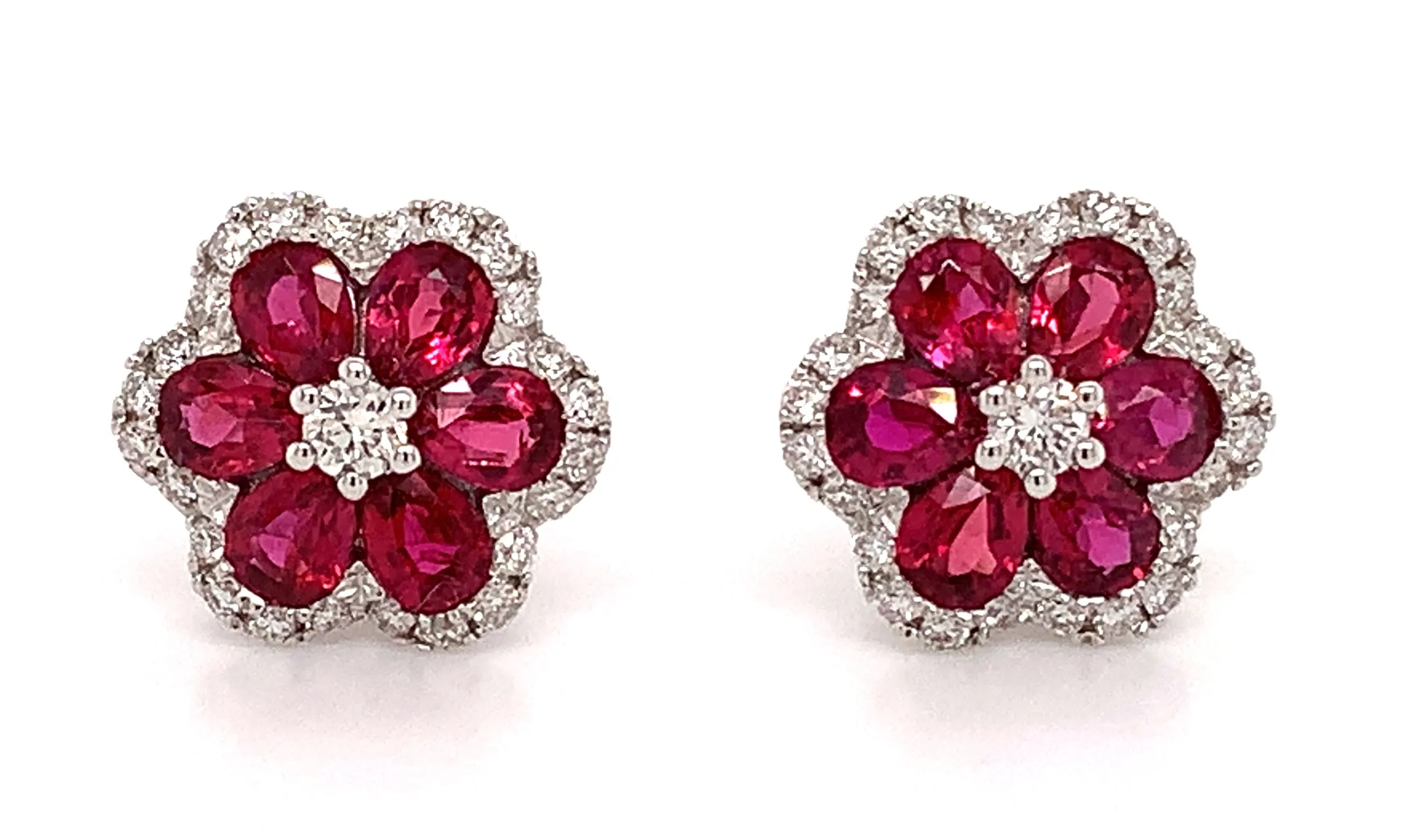 Ladies Flower Shape Ruby And Diamond Stud Earrings