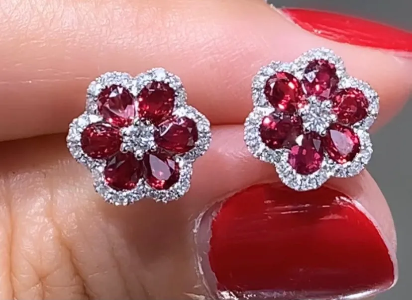 Ladies Flower Shape Ruby And Diamond Stud Earrings