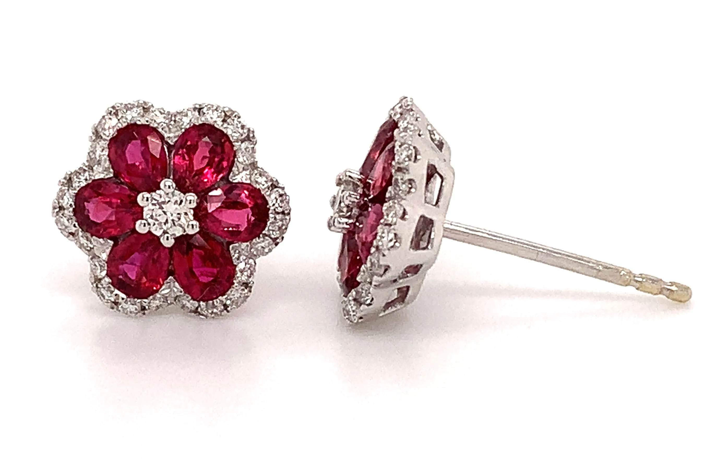 Ladies Flower Shape Ruby And Diamond Stud Earrings