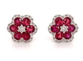 Ladies Flower Shape Ruby And Diamond Stud Earrings