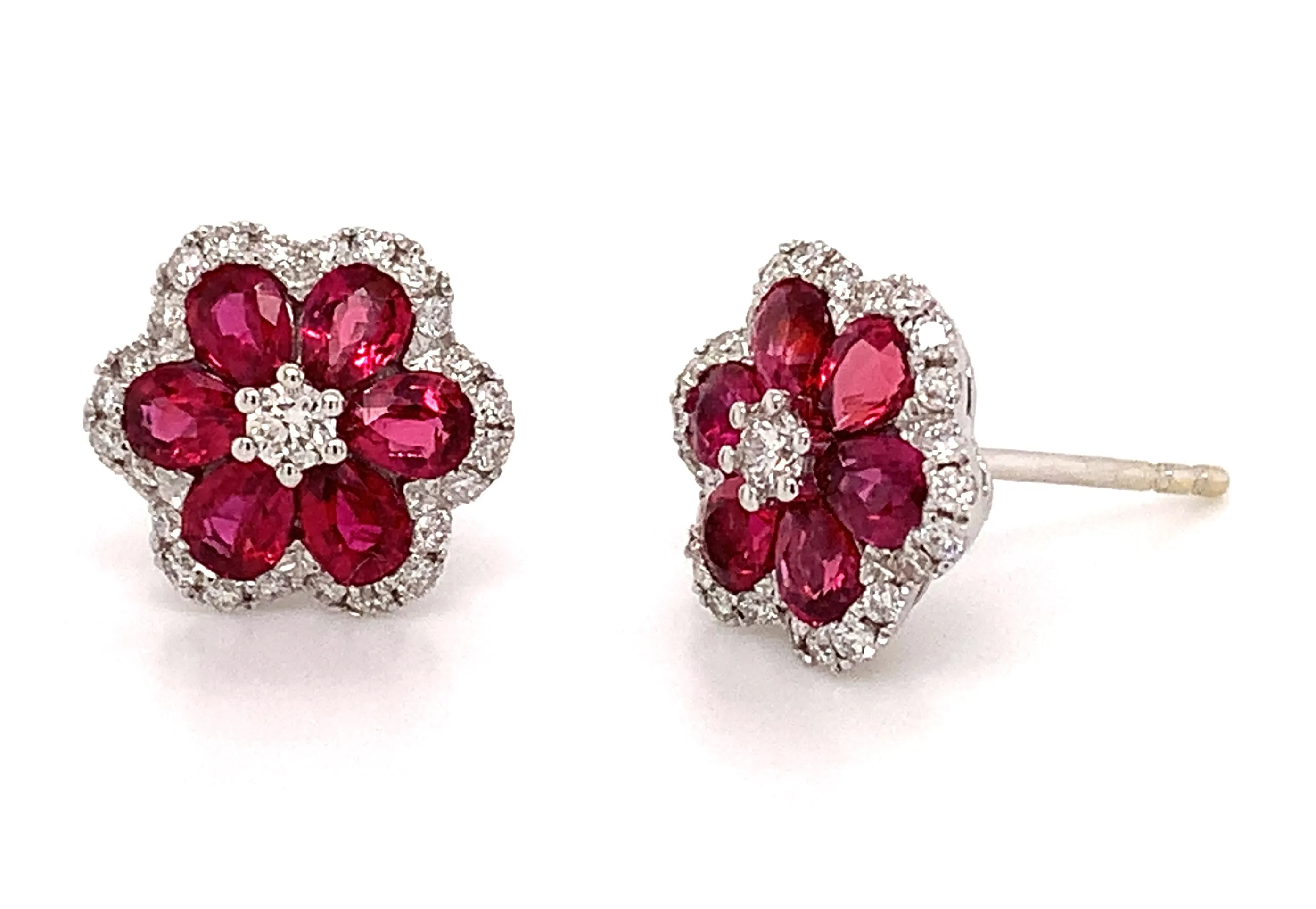 Ladies Flower Shape Ruby And Diamond Stud Earrings