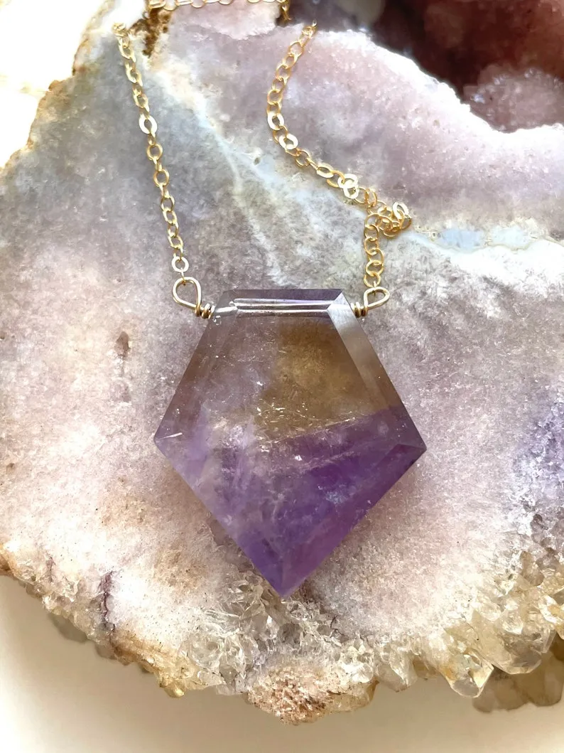 Large Ametrine Statement Pendant Necklace Raw Crystal Jewelry 14Kt Gold Filled or Sterling Silver