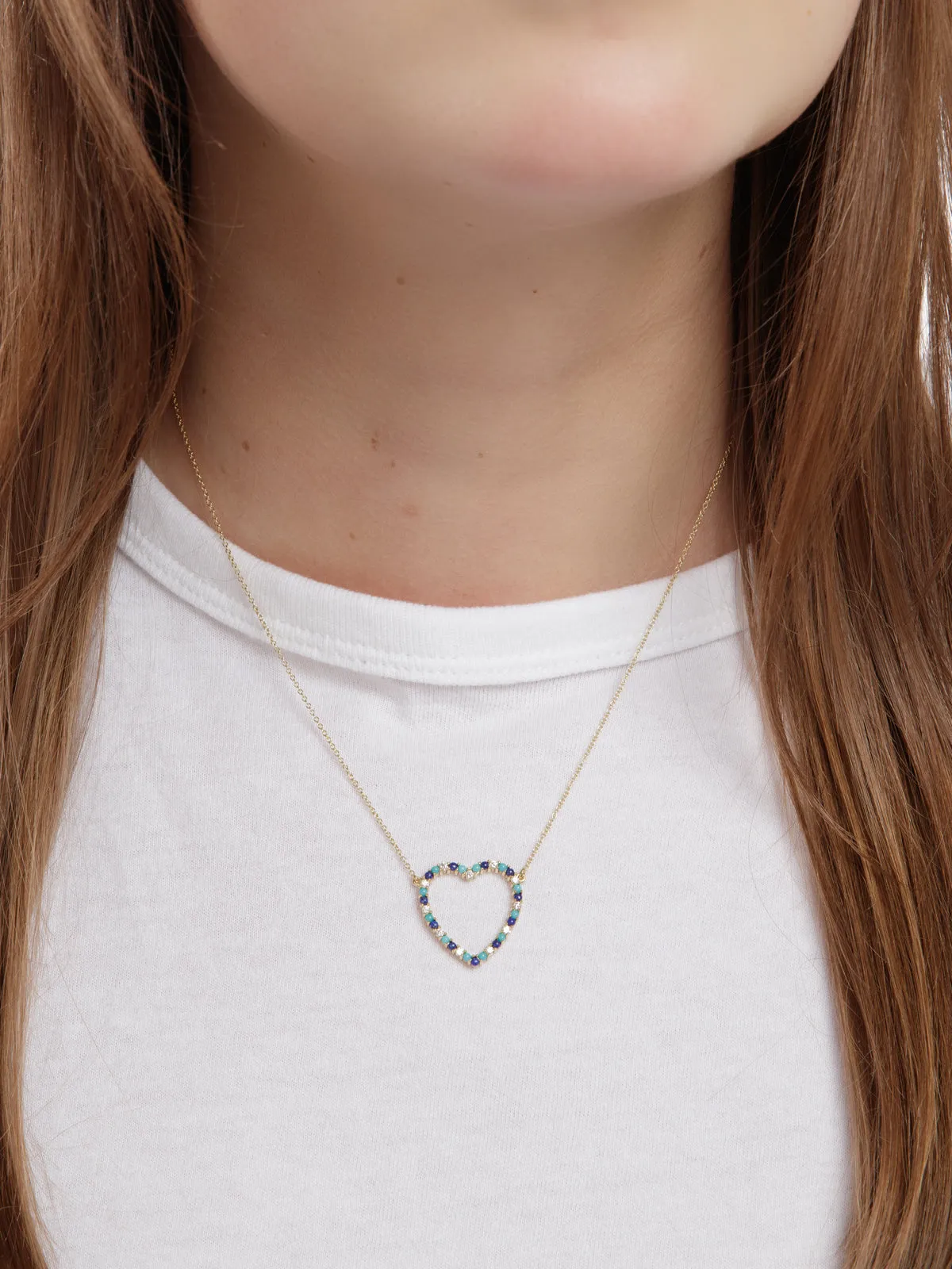 Large Diamond, Turquoise, & Lapis Open Heart Yellow Gold Necklace