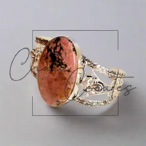 Large Pink Rhodonite Stone .925 Sterling Silver Cuff Bangle Bracelet