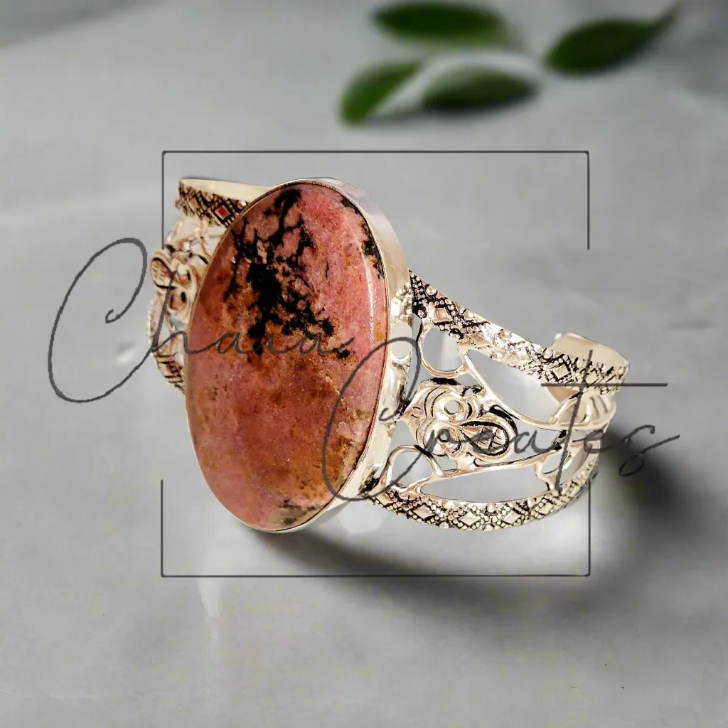 Large Pink Rhodonite Stone .925 Sterling Silver Cuff Bangle Bracelet