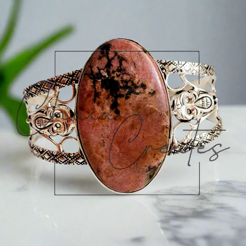 Large Pink Rhodonite Stone .925 Sterling Silver Cuff Bangle Bracelet