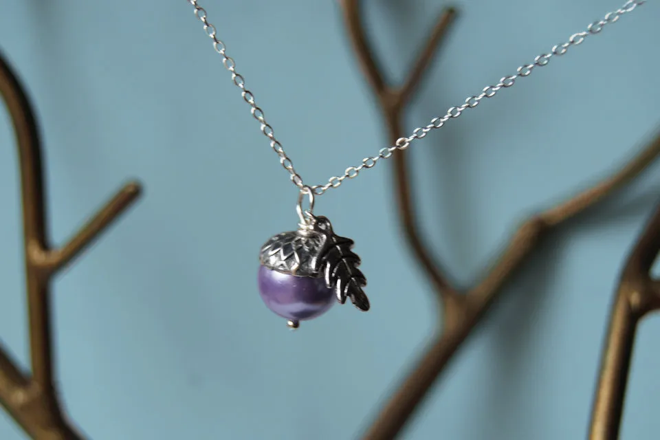 Lilac and Silver Pearl Acorn Necklace | Cute Nature Acorn Charm Necklace | Forest Acorn Necklace | Woodland Pearl Acorn | Nature Jewelry