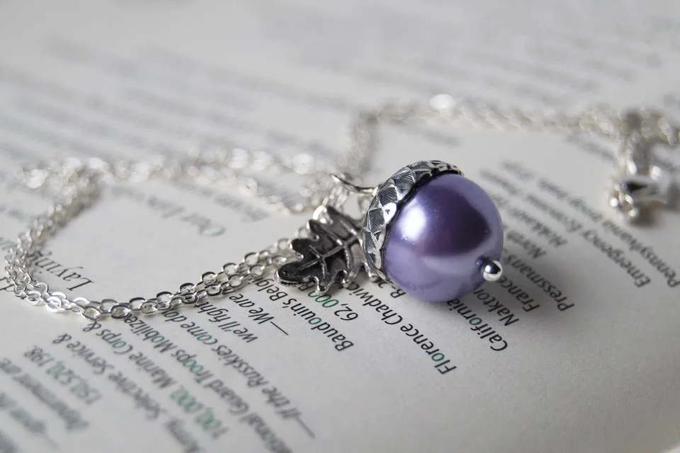 Lilac and Silver Pearl Acorn Necklace | Cute Nature Acorn Charm Necklace | Forest Acorn Necklace | Woodland Pearl Acorn | Nature Jewelry