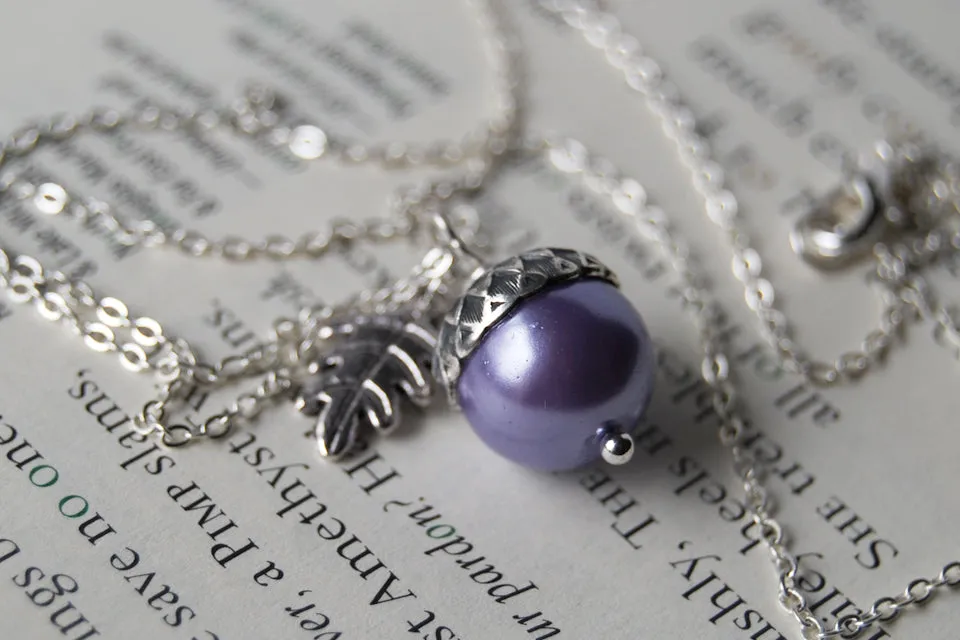 Lilac and Silver Pearl Acorn Necklace | Cute Nature Acorn Charm Necklace | Forest Acorn Necklace | Woodland Pearl Acorn | Nature Jewelry