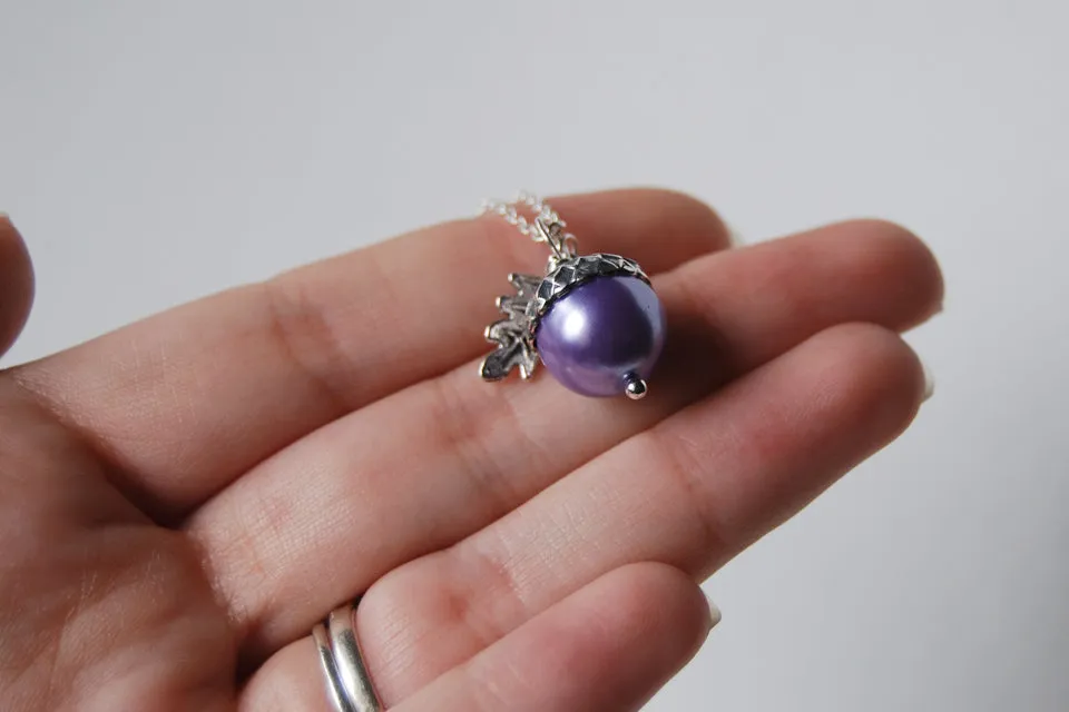 Lilac and Silver Pearl Acorn Necklace | Cute Nature Acorn Charm Necklace | Forest Acorn Necklace | Woodland Pearl Acorn | Nature Jewelry