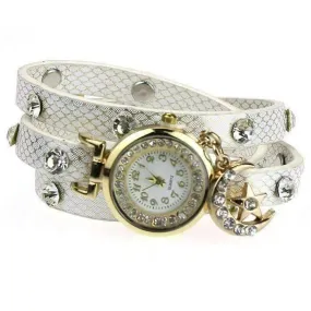 Look To The Moon And Stars Sparkly Wrap Bracelet Watch in White