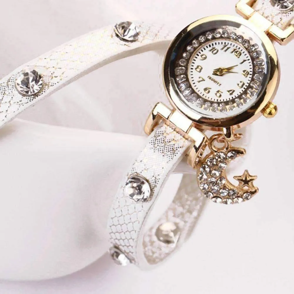 Look To The Moon And Stars Sparkly Wrap Bracelet Watch in White