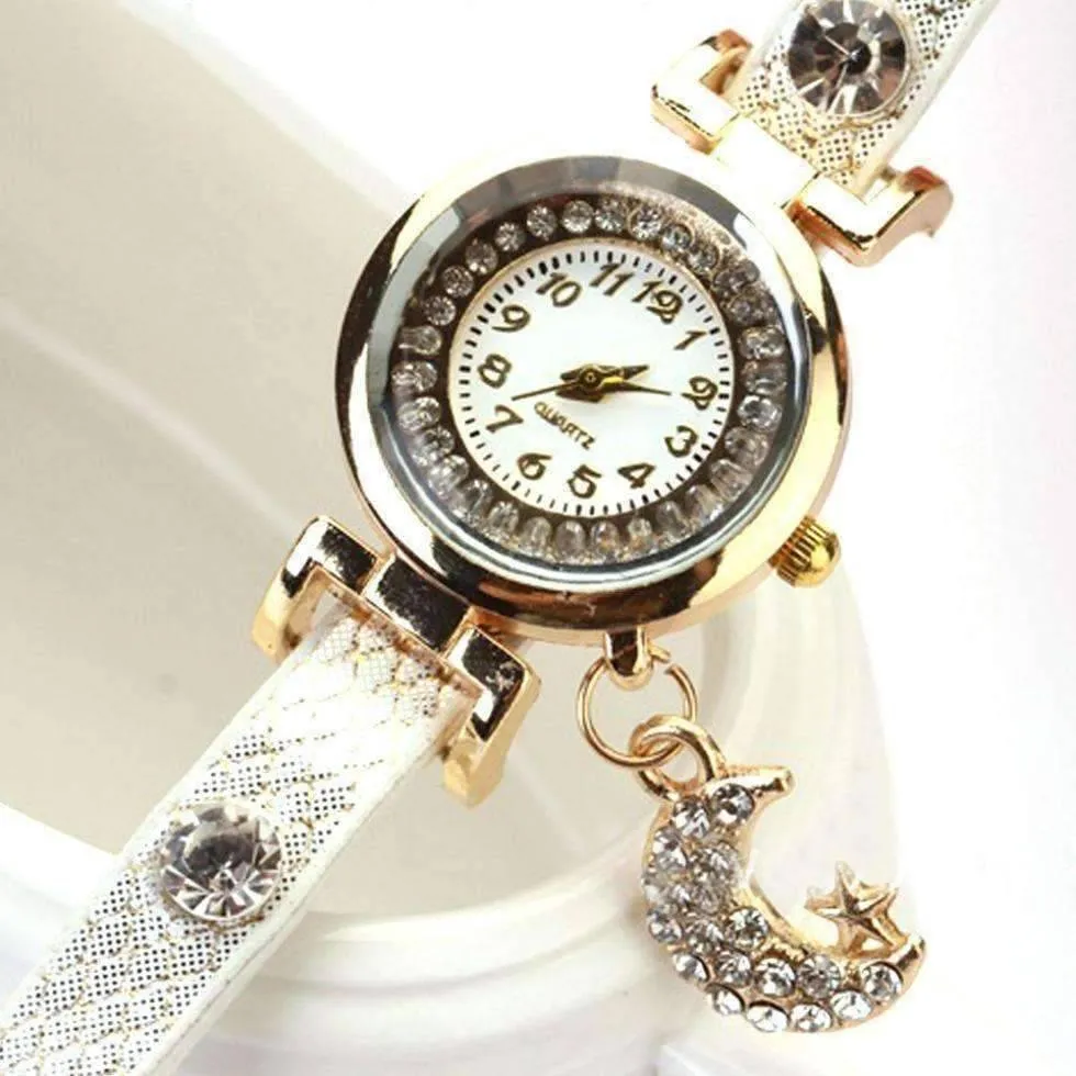 Look To The Moon And Stars Sparkly Wrap Bracelet Watch in White