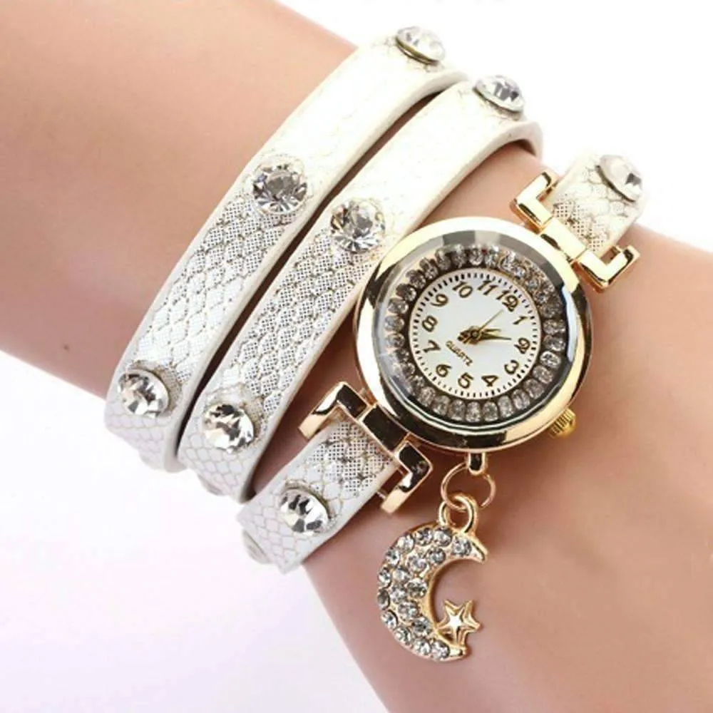 Look To The Moon And Stars Sparkly Wrap Bracelet Watch in White