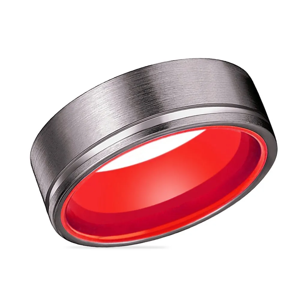 LYCHEE | Red Ring, Gunmetal Tungsten Ring, Offset Groove, Flat