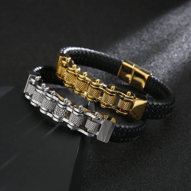 Men's Punk Style Stainless Steel and Leather Bracelet with Creative Locomotive Design