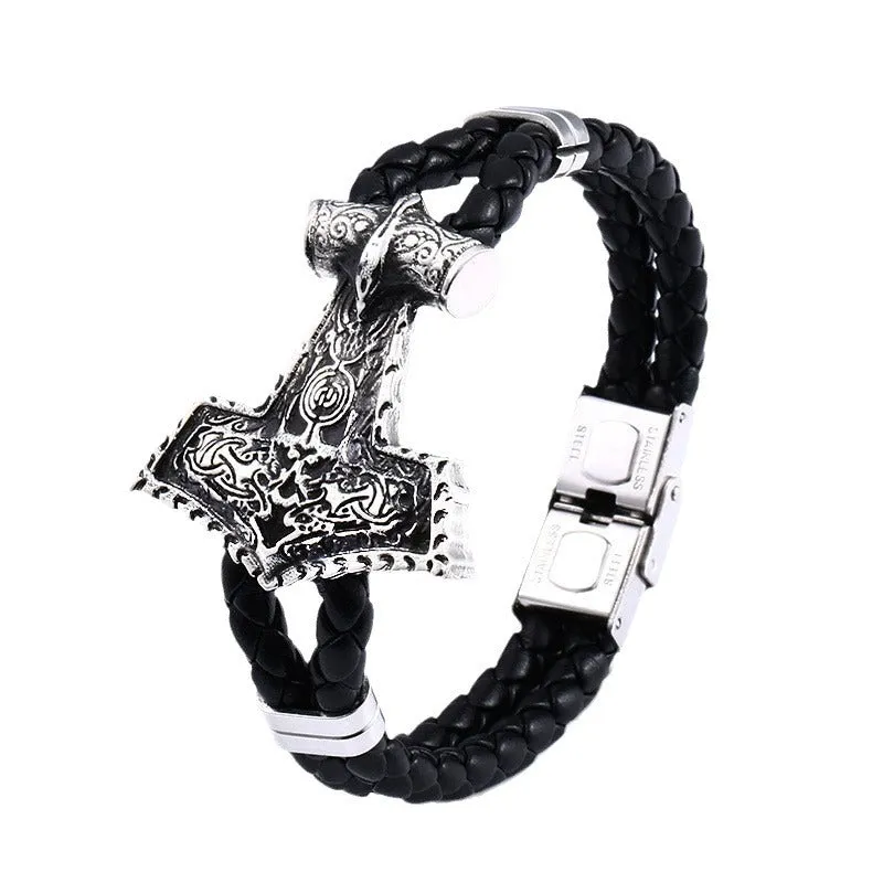 Men's Retro Viking Crow Leather Bracelet with Stainless Steel Accents - Wholesale Stylish Accessory