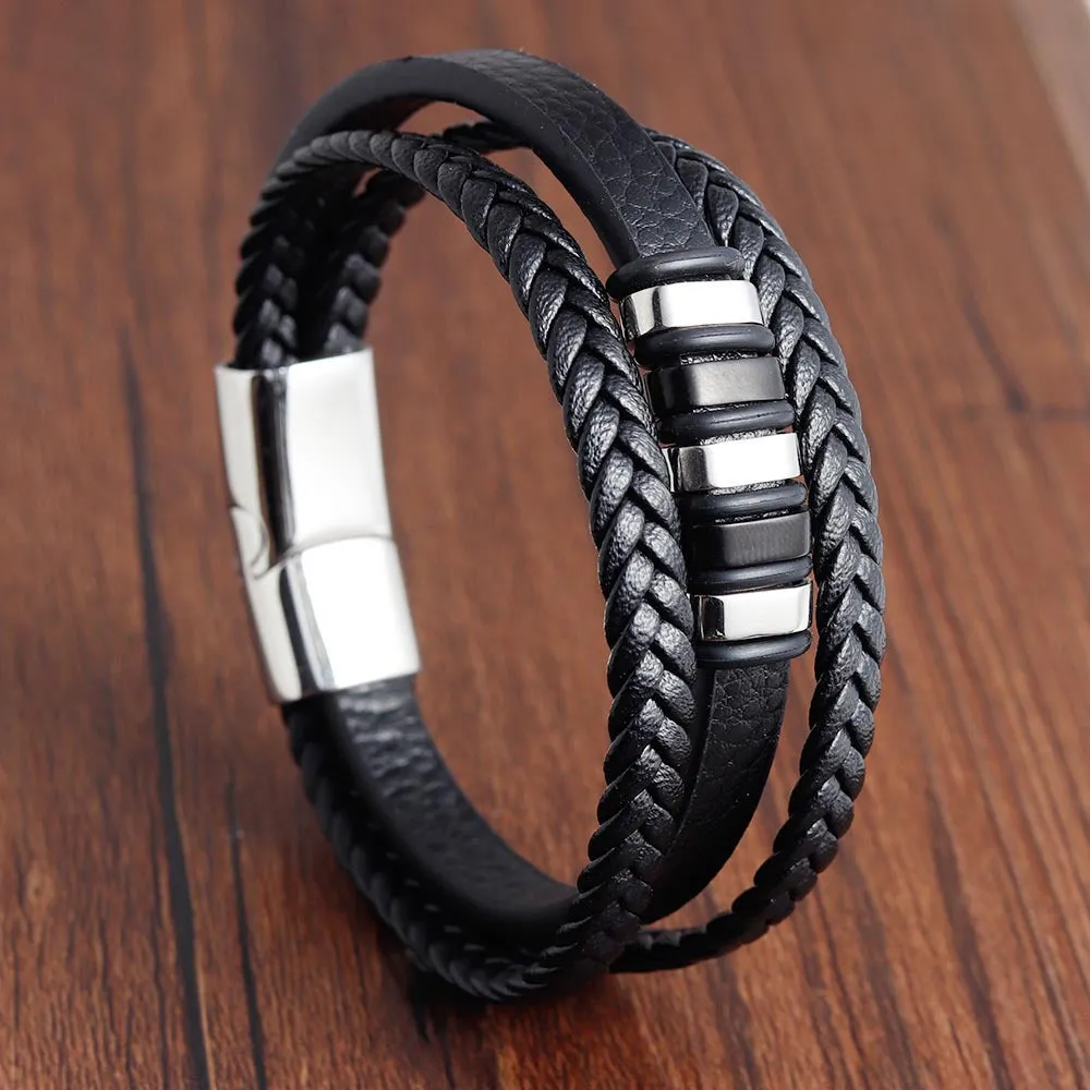 Men's Stainless Steel Leather Braided Multilayer Bracelet