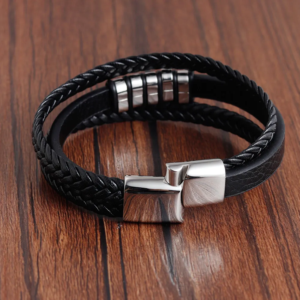 Men's Stainless Steel Leather Braided Multilayer Bracelet