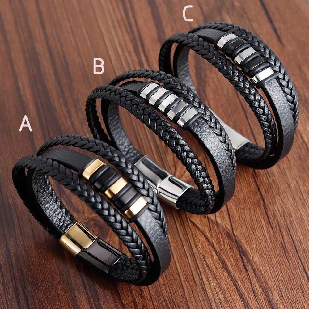 Men's Stainless Steel Leather Braided Multilayer Bracelet