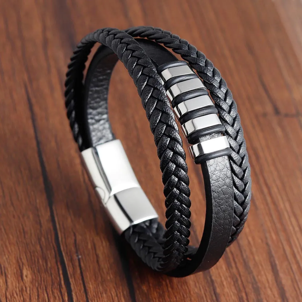 Men's Stainless Steel Leather Braided Multilayer Bracelet