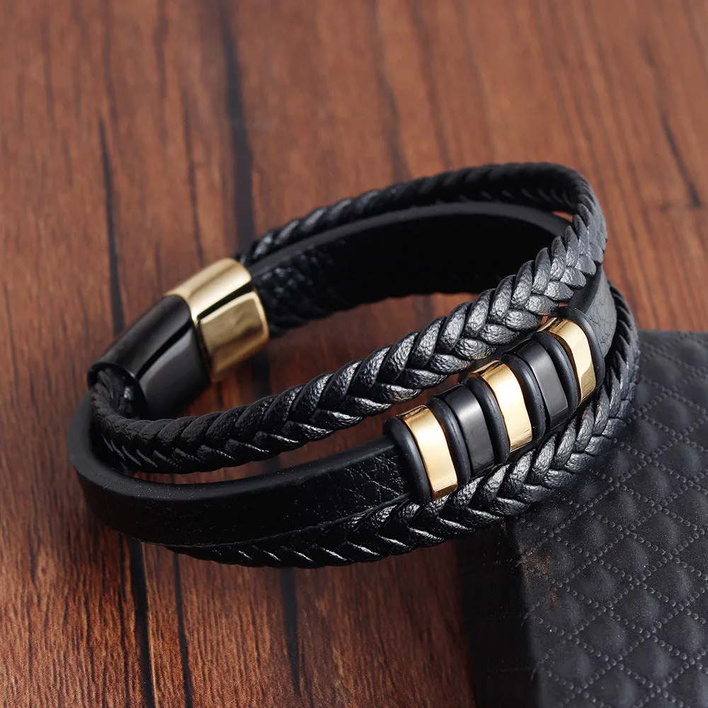 Men's Stainless Steel Leather Braided Multilayer Bracelet