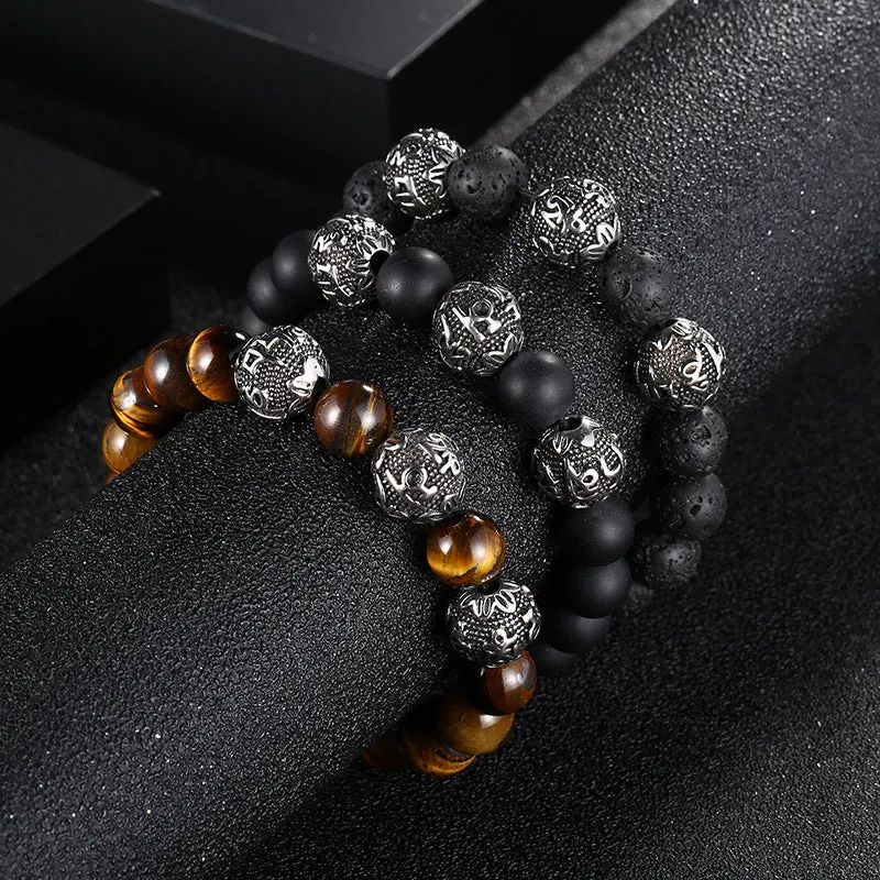 Men's Steel Six-Character Mantra Bracelet with Volcanic Stone Accents