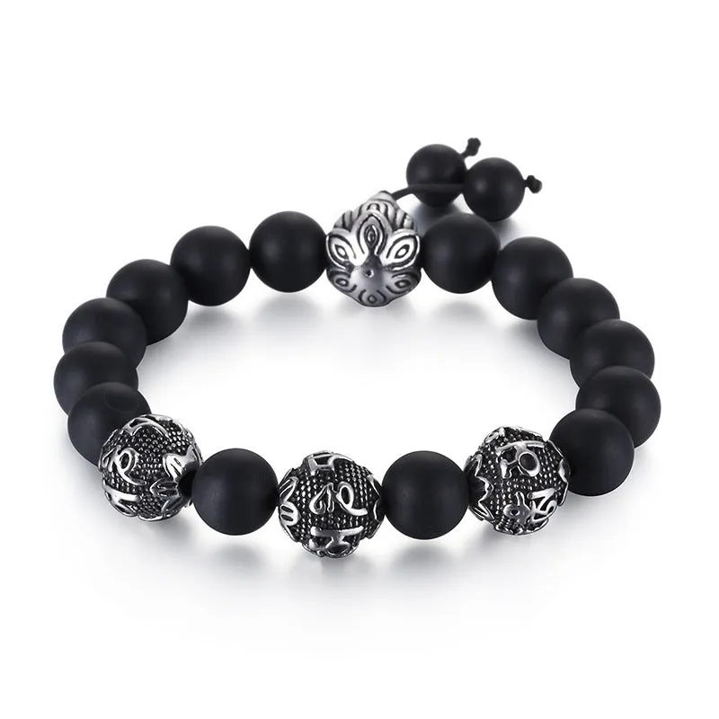 Men's Steel Six-Character Mantra Bracelet with Volcanic Stone Accents