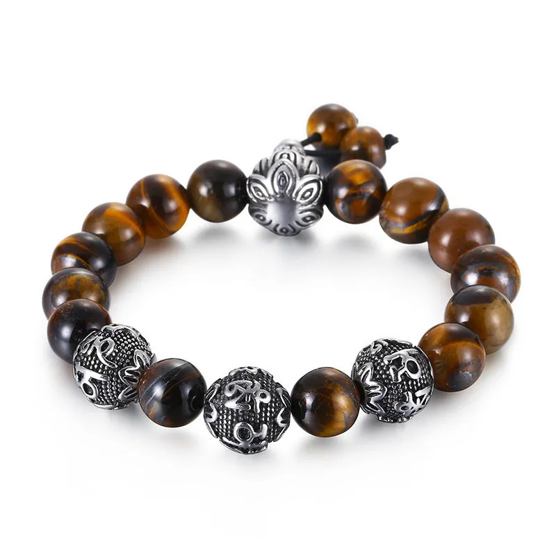 Men's Steel Six-Character Mantra Bracelet with Volcanic Stone Accents