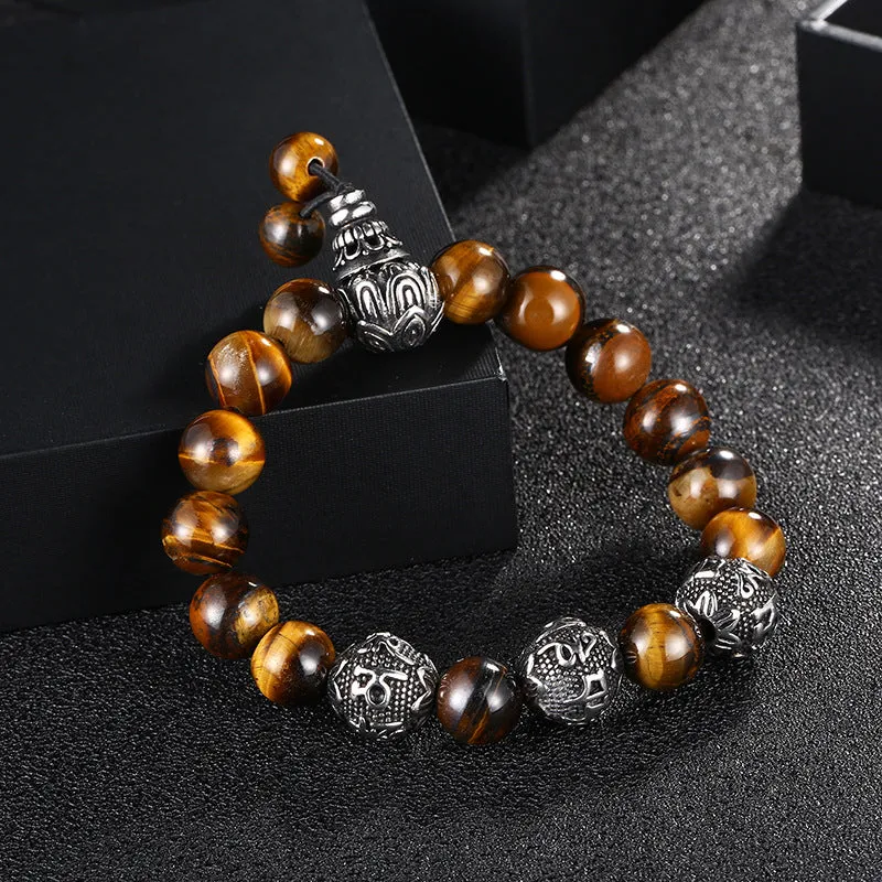 Men's Steel Six-Character Mantra Bracelet with Volcanic Stone Accents