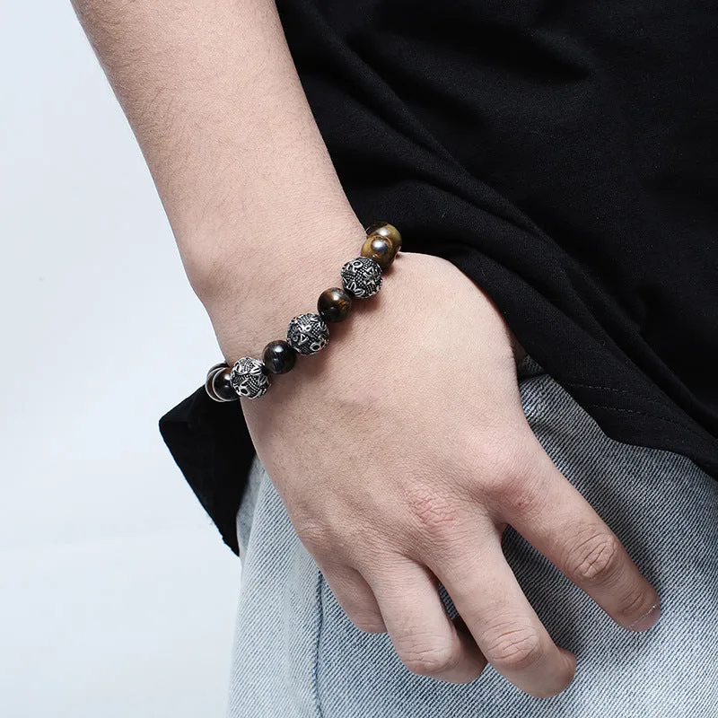 Men's Steel Six-Character Mantra Bracelet with Volcanic Stone Accents