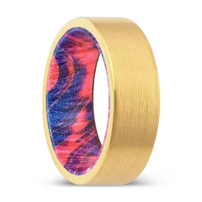 MILLSTONE | Blue & Red Wood, Gold Tungsten Ring, Brushed, Flat