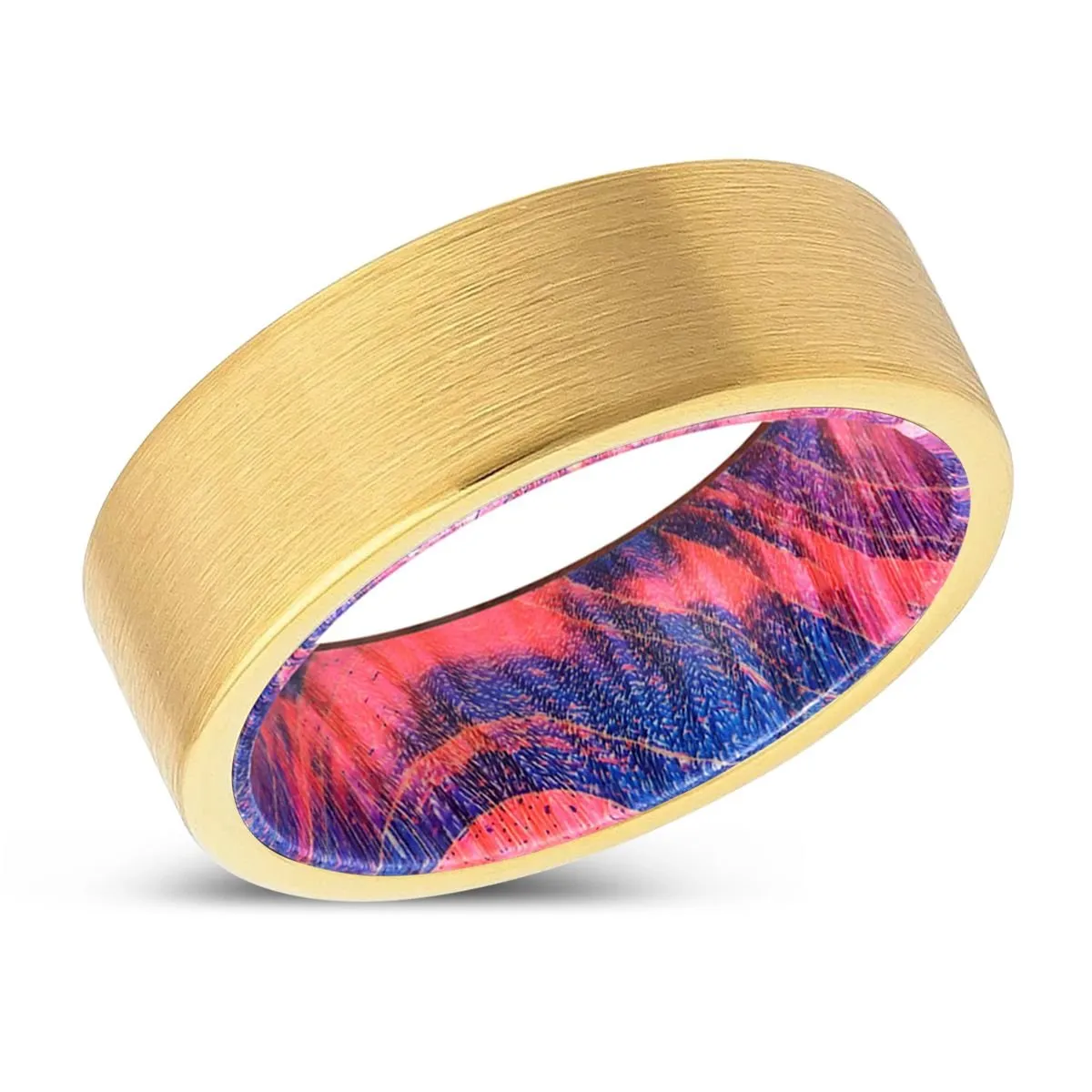 MILLSTONE | Blue & Red Wood, Gold Tungsten Ring, Brushed, Flat