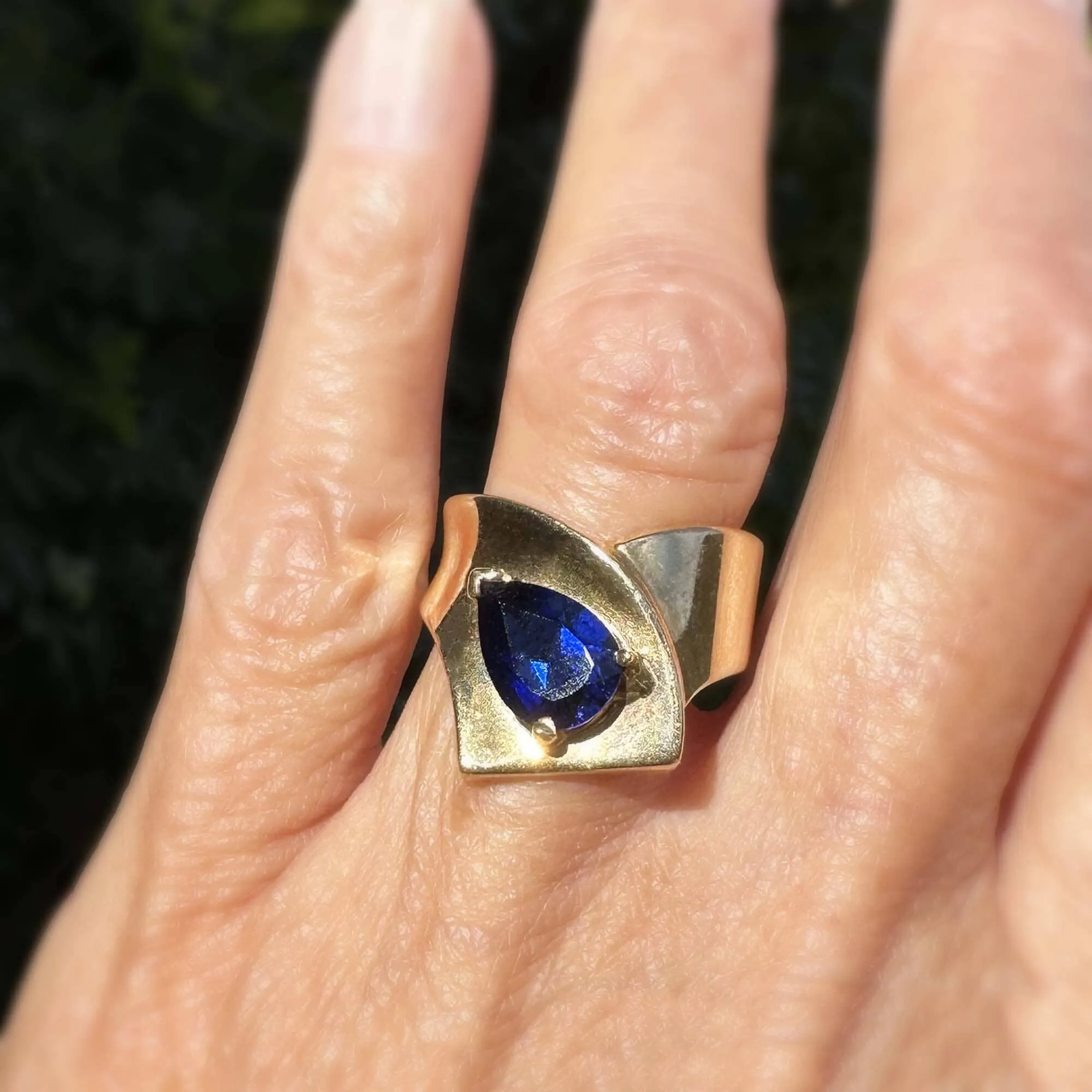 Modernist Wide Gold Cross Over Band Sapphire Ring